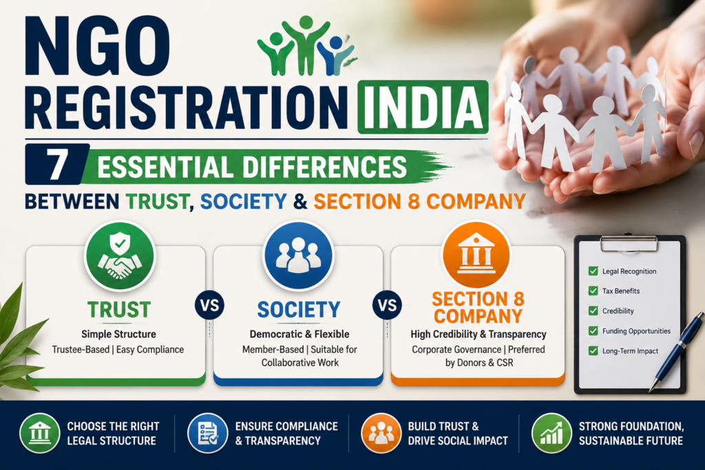NGO Registration India: 7 Essential Differences Between Trust, Society & Section 8 Company